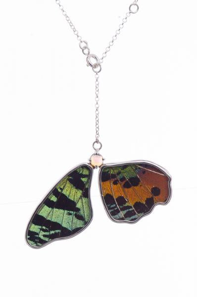 Real Chrysiridia Madagascariensis Green and Rainbow Moth Wing J10 Half Butterfly shaped Necklaces 50mm with Round Ethopian Opal-10991